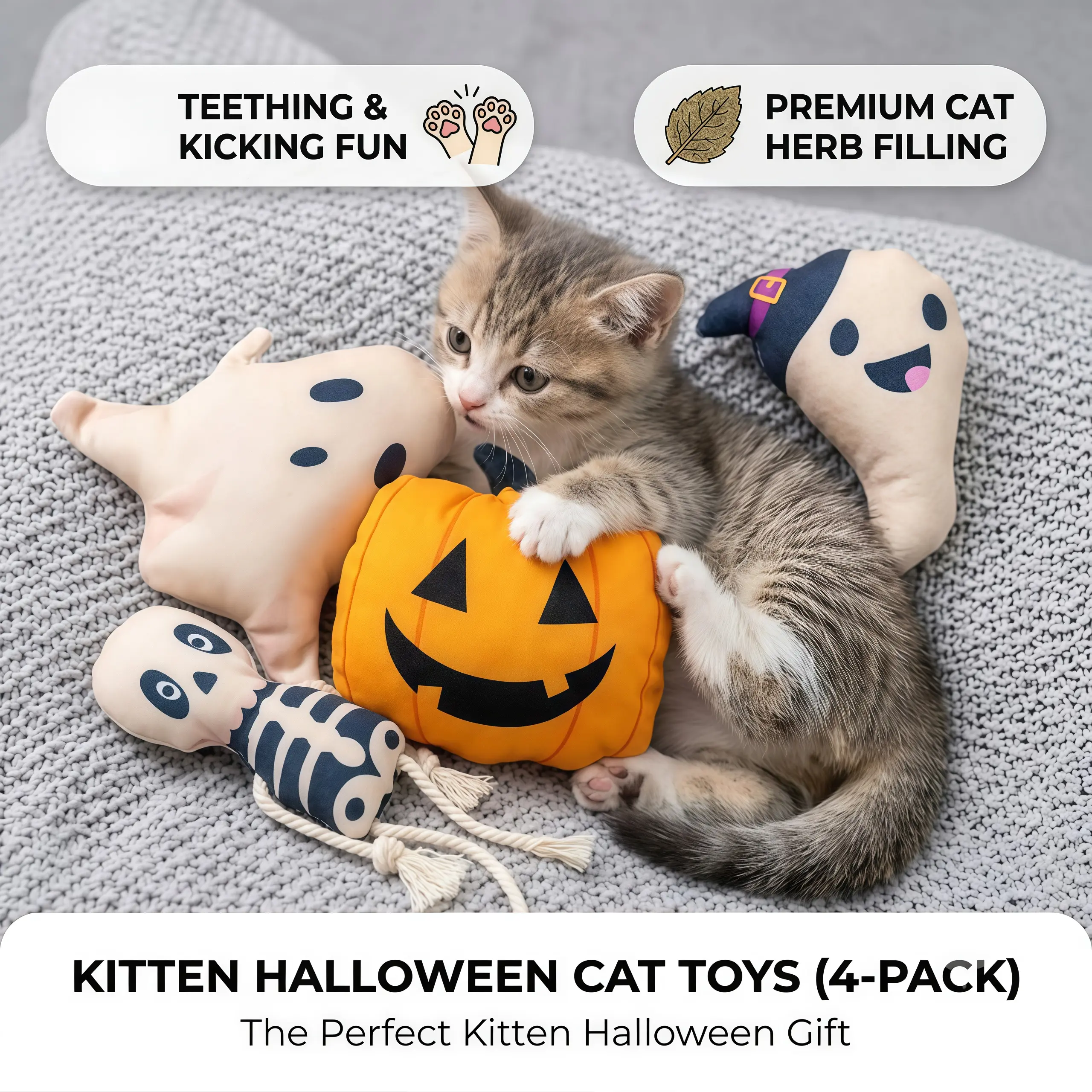 Kitten Halloween Cat Toy, Premium Cat Herb Filling, Teething & Kicking Fun, Halloween Gift