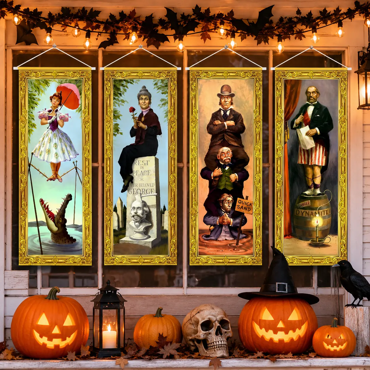 Halloween Haunted Mansion Stretching Portraits, 4 PCS Vintage Horror Hanging Banners, Large Halloween Wall Decor for Indoor Outdoor, Haunted House, Porch, Garage Door, Party Backdrop & Home Decorations