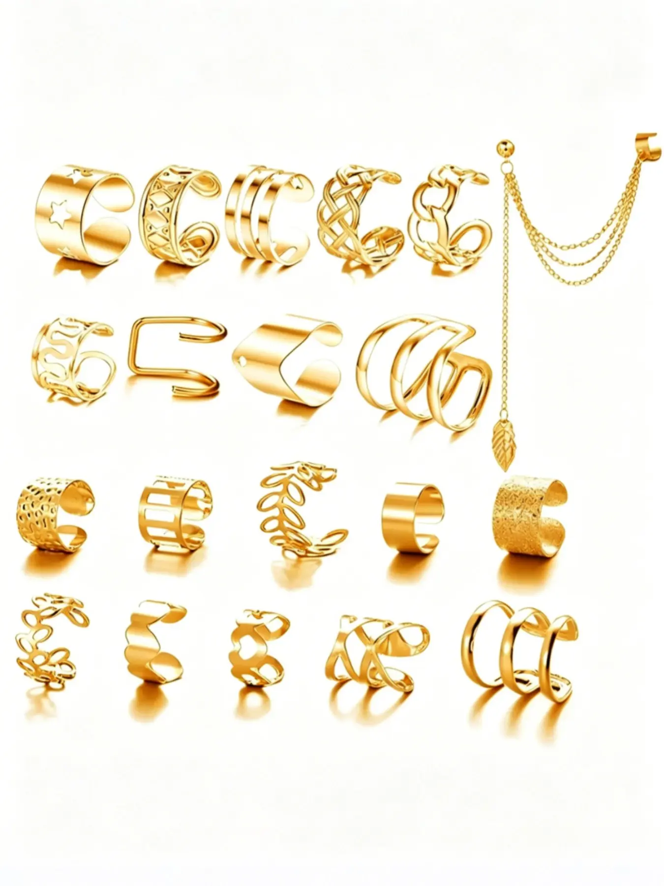 20Pcs Mixed Style Adjustable Gold Ear Cuff Set | Textured Hollow Out Cartilage Wrap Earrings | Affordable Statement Body Jewelry Gift Ear Cuffs Non Piercing Earring Stacks