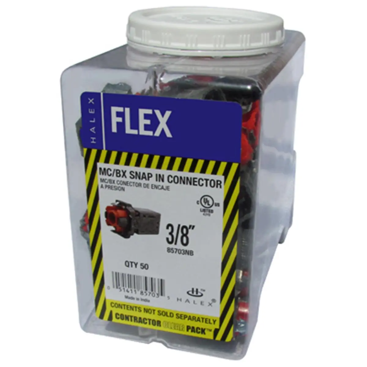 Halex MC/BX Snap-in Electrical Connectors - Size 0.37", High-Quality Snap-in Fit Fittings for Contractors, Model 211275, 50-Pack, 3.05 lbs