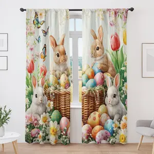 2pcs Easter Theme Digital Print Curtains, Cute Bunny Eggs Floral Design, Cozy Home Decor, Room Decor Curtain, Festive Atmosphere, Fashionable Drapes