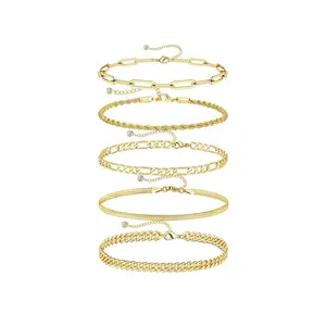 5PCS Waterproof 14K Real hypoallergenic Gold Jewelry Set for Women – Trendy Thin Dainty Stackable Cuban Link, Paperclip Chain Bracelet Pack, Fashion Accessories Gifts for Women non-tarnish Christmas Gift