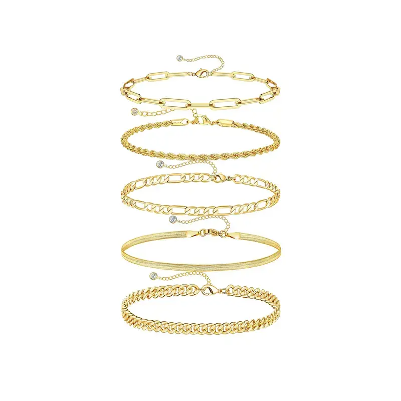 5PCS Waterproof 14K Real hypoallergenic Gold Jewelry Set for Women – Trendy Thin Dainty Stackable Cuban Link, Paperclip Chain Bracelet Pack, Fashion Accessories Gifts for Women non-tarnish Christmas Gift