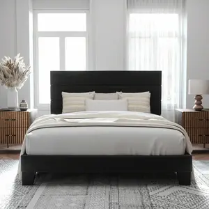 Allewie Twin/Full/Queen/King Size Platform Bed Frame With Velvet Upholstered Headboard And Wooden Slats Support, Fully Upholstered Mattress Foundation, No Box Spring Needed, Easy Assembly, Black* Bed Frame Queen Queen Bed Frame Bed Frame Full