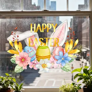A set (30*40cm) of Easter egg flower rabbit ear gold-edged "Happy Easter" window stickers for decorating living rooms, bedrooms, bathroom windows, display windows, glass doors, self-adhesive door stickers GA20031