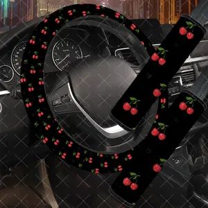 3Pcs/Set Red Cherry & Heart Car Interior Set, Includes Steering Wheel Cover, Car Seat Belt Cover, No Inner Ring, Vehicle Interior Upgrade, Durable Material, Girly Car Interior Sets, For Women, Car Enthusiasts, Gift For Drivers, Car Interior Accessory