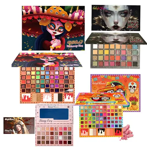 Dia de los Muertos Inspired Rainbow Cosmetic Eyeshadow Palette - All-in-1 Bold Colored Pigment Makeup Set, Matte/Shimmer/Glitter Finishes, Stick, Brightening, Eye-Enhancing, All Skin Types, TikTok Festival Looks for Creative Beauty Enthusiasts