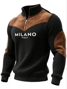 Men's Stand Collar Pullover Sweater, Fitted Casual Fall & Winter Warm Half Zip Letter Print Patchwork Ribbed Vintage Streetwear