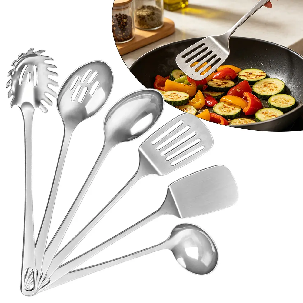 6Pcs Stainless Steel Metal Camp Kitchen Utensil Set - Heat-Resistant Long Handle Cooking Tools, Nonstick Safe Spatula Spoon Ladle for Pasta, Wok, Egg Prep in Camping & Hiking, Eggs, Hanging