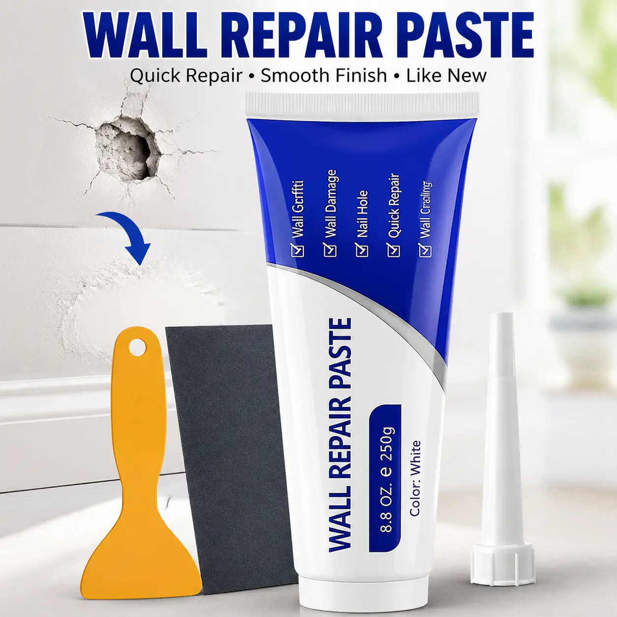 Wall Repair Paste & Drywall Patch Kit – Wall Crack Filler for Home Use | Repair Holes, Nail Marks & Wall Damage | Quick Dry Smooth Finish Wall Restoration Set