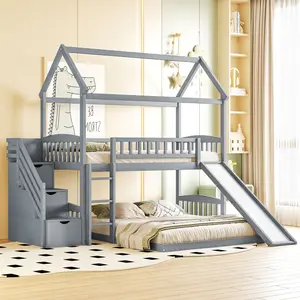 House Bunk Bed Frame with Roof & Slide, Twin Over Full Bunk Bed with Stairs and Guardrail, Wood Floor Bunk Bed (Gray with Storage)