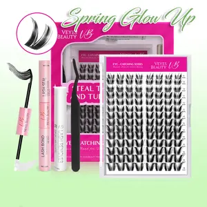 VEYESBEAUTY VB-Bunny Cluster Lashes 100% Handcrafted Ultra-thin Extremely Fine Invisible Band False Eyelash Wispy Faux Mink Lash Mixed Length DIY Eyelash Extension for Self Makeup Cosmetic Application at Home