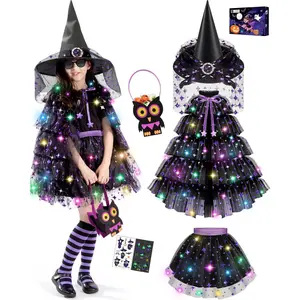 X-CPA03   Halloween Witch Costume For Girls with Cape, Hat & Tutu Dress, Trick or Treat Bag, Cosplay Party, Cute Outfit Gift For Ages 3 4 5 6 7 8