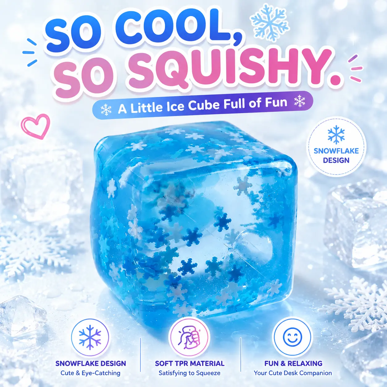 Unisex Cube Shape Fidget Toy, Soft TPR Squeeze Item with Colorful Flake Design, Satisfying Sensory Desk Stress Relief Pick for Ages Above 12, 3 Colors