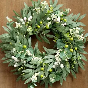 Olive Leaf Eucalyptus Berry Wreath, Realistic Plant Wreath, All-Season Artificial Door Wreath, Home Decor, Wedding, Farmhouse Style, Round Wreaths