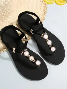 Women's Boho Summer Sandals with Rhinestone Decor, Backless Strap Design, Flat Sole, Perfect for Beach Vacation Dating, Party Footwear