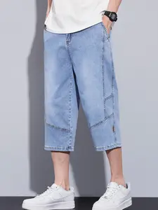 Men's Loose Straight Denim Jeans, American Casual Style, Mid Waist Drawstring Waist, All Seasons, Versatile Seven-Quarter Pants