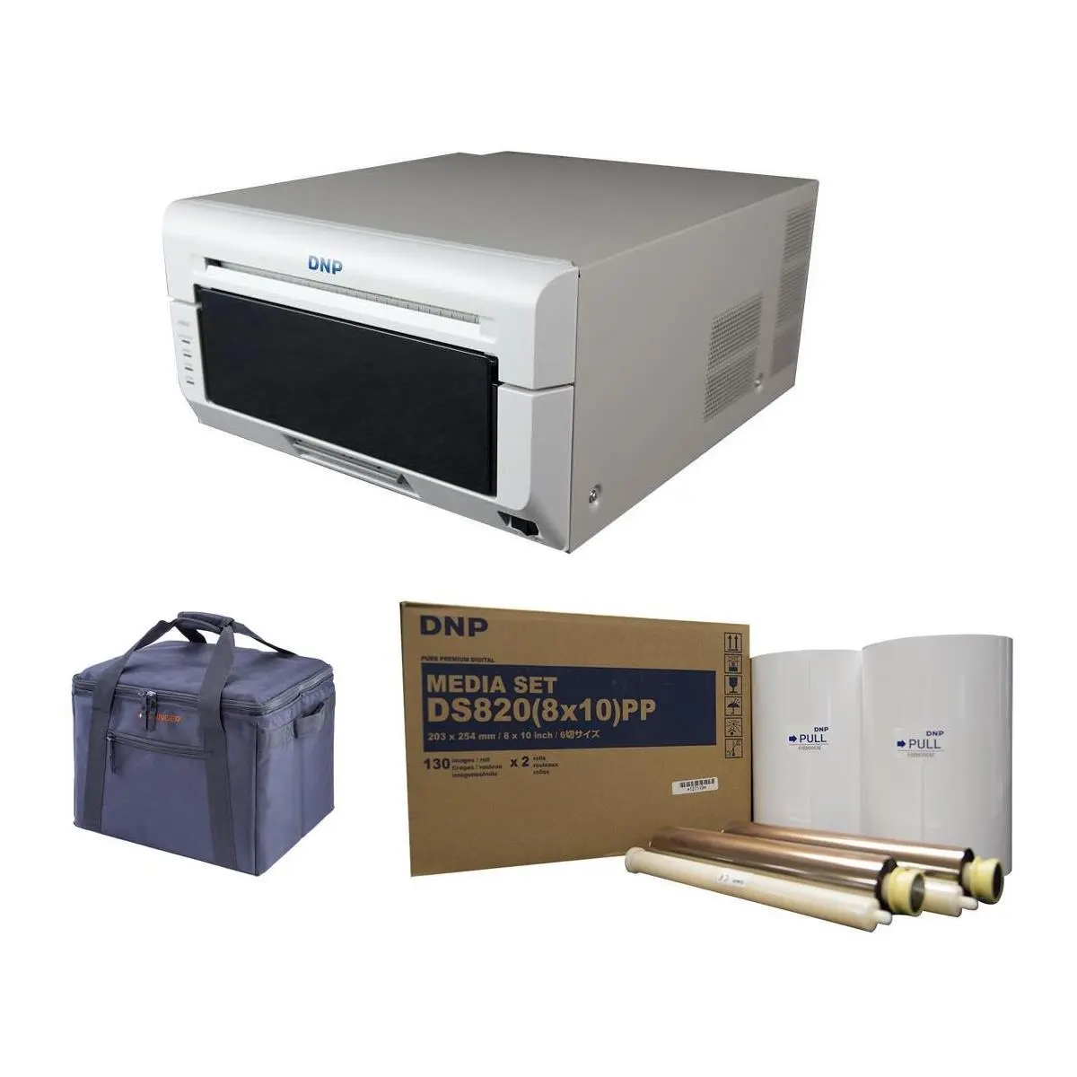 DNP DS820A 8-inch Compact Professional Event Photo Booth Portrait Digital Printer Kit | DNP Print Media 8x10-inch, 2 Rolls + Slinger Padded Printer Carrying Case + 3 Year Advanced Exchange Warranty