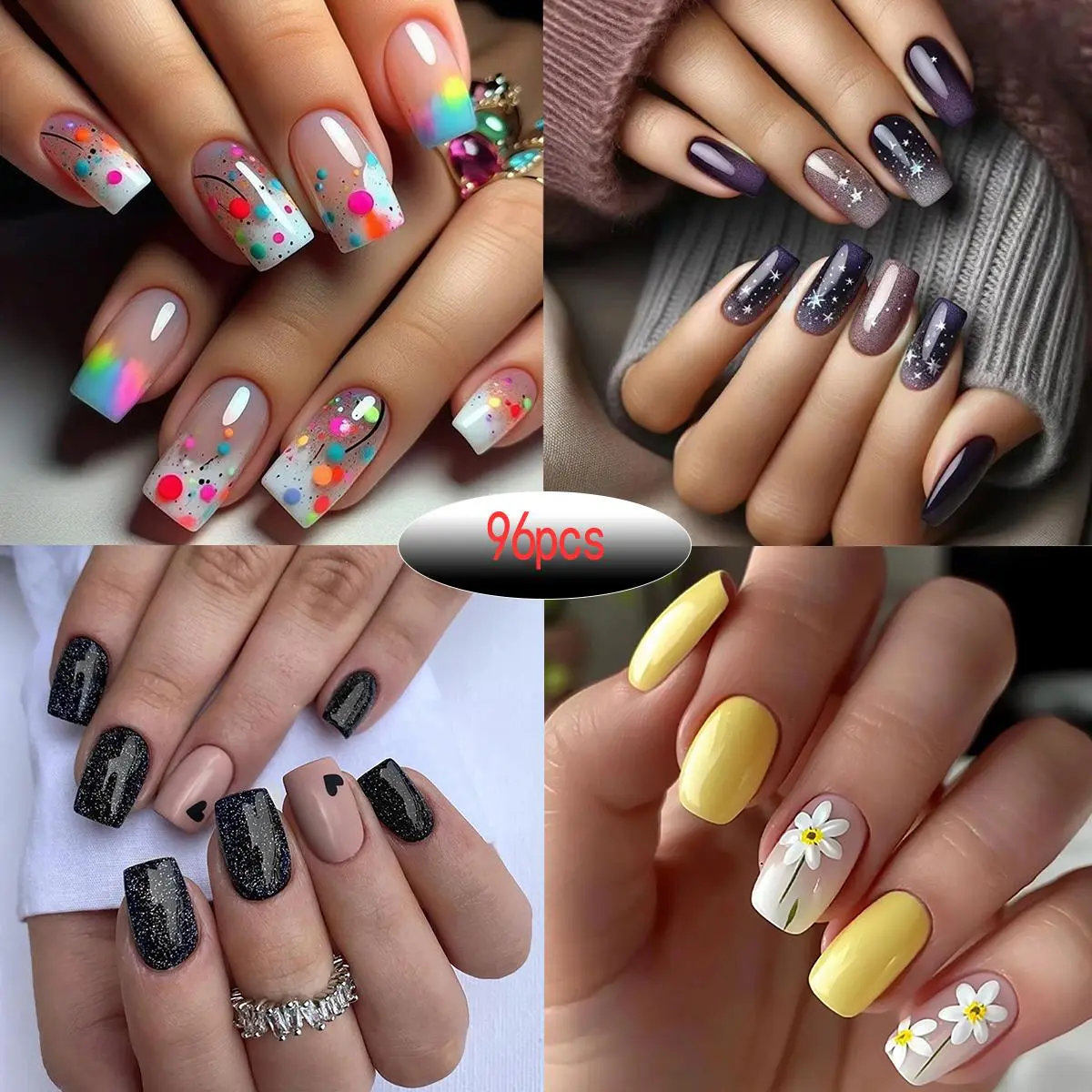 4Sets 96/24Pcs Square Press On Nails: Gradient Dots/Floral/Multi-Color. Glossy Mid-Length w/ Files & Gels. Party & Daily. Detach