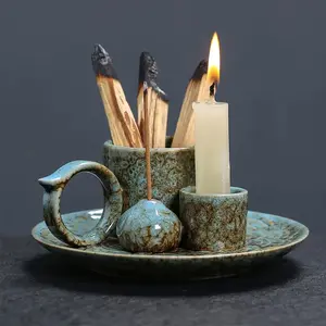 Premium Ceramic Incense Burner, 4-In-1 Design with Handle, Ideal for Incense Sticks & Candles, Enhances Relaxing Atmosphere