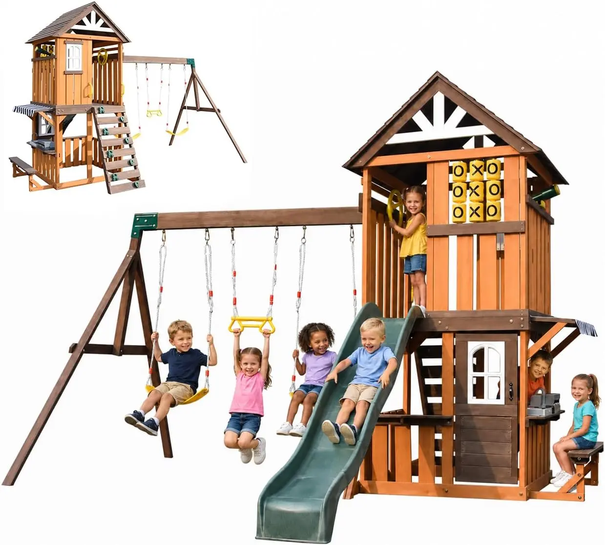 GSFRCedar Wood Swing Set with Slide,Rock Wall,Belt Swings,Tic-Tac-Toe, Play Kitchen for Kids Backyard Outdoor