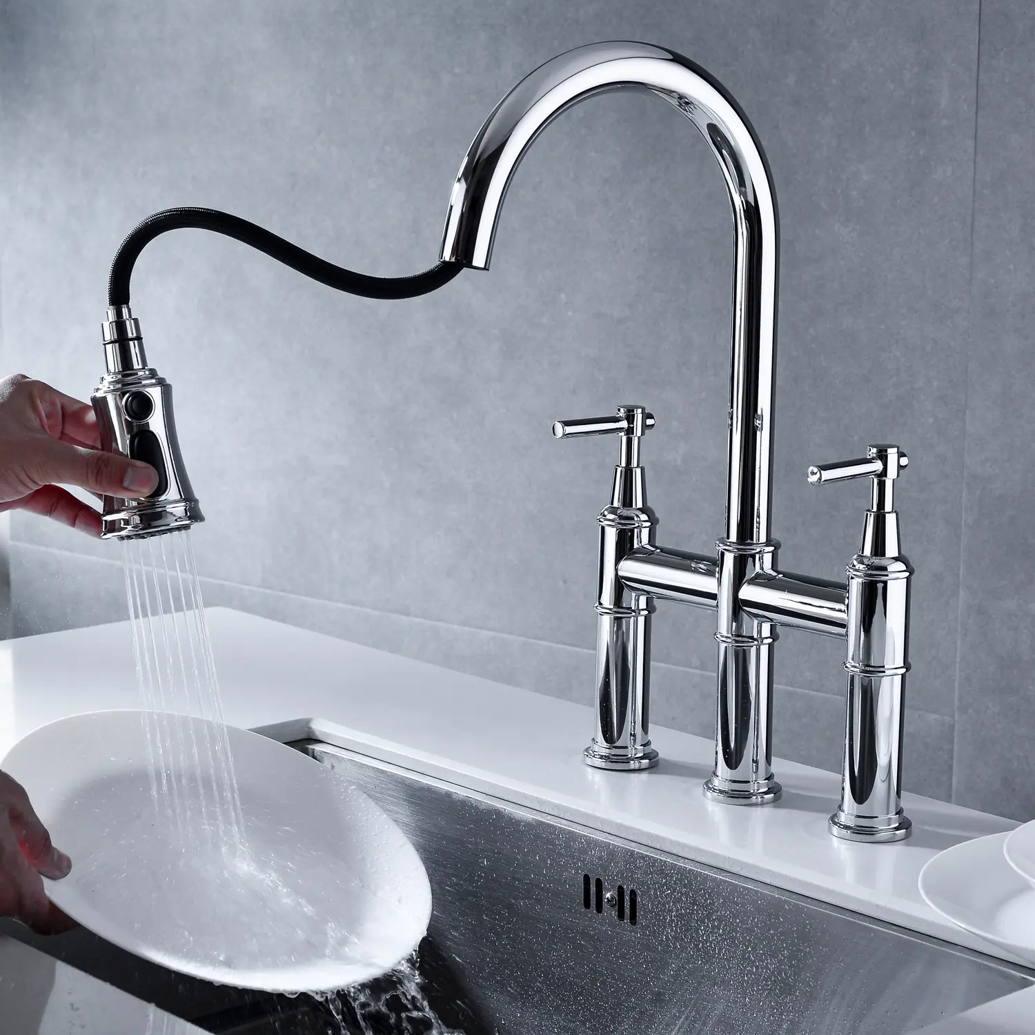 Modern Dual-Handle Bridge Kitchen Faucet with Dual Handle Switch, Pull-Down Sprayhead, 360-Degree Rotating Nozzle, Easy and Precise Control, Ample Sink Space, Durable & Reliable Plumbing Fixture