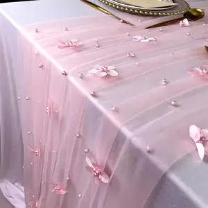 Elegant Floral Table Runner, Pastel Flower Dining Decor, Sheer Draping, Machine-Made Polyester Chiffon, Wedding, Party, Home