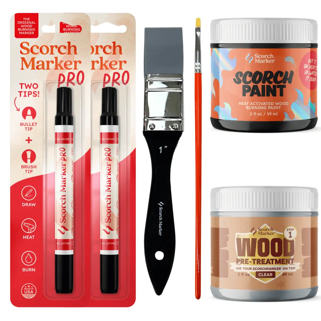 Intermediate Bundle - Heat Activated Wood Burning Kit - 2 Scorch Markers, Scorch Paint, Wood Pretreatment, 2 brushes