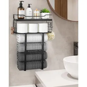 Bathroom Towel Rack Wall Mounted with Metal Shelf and 3 Hooks for Small Bathroom, Black, Round Tube