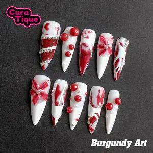 CuraTique | Burgundy Art 10PCS Handmade Press On Nails REUSABLE 3D Gel spring/summer 2025 / Prom