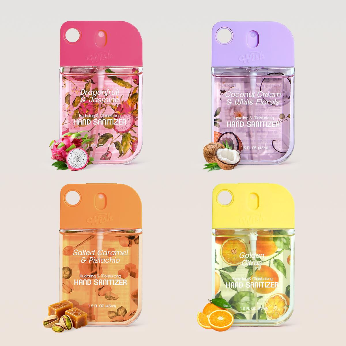 Wish Hand Sanitizer Spray Set (4 Bottles: 1.2 fl oz/1.5 fl oz) - Coconut Cream & White Florals, Golden Citrus, Dragonfruit & Jasmine, Salted Caramel & Pistachio