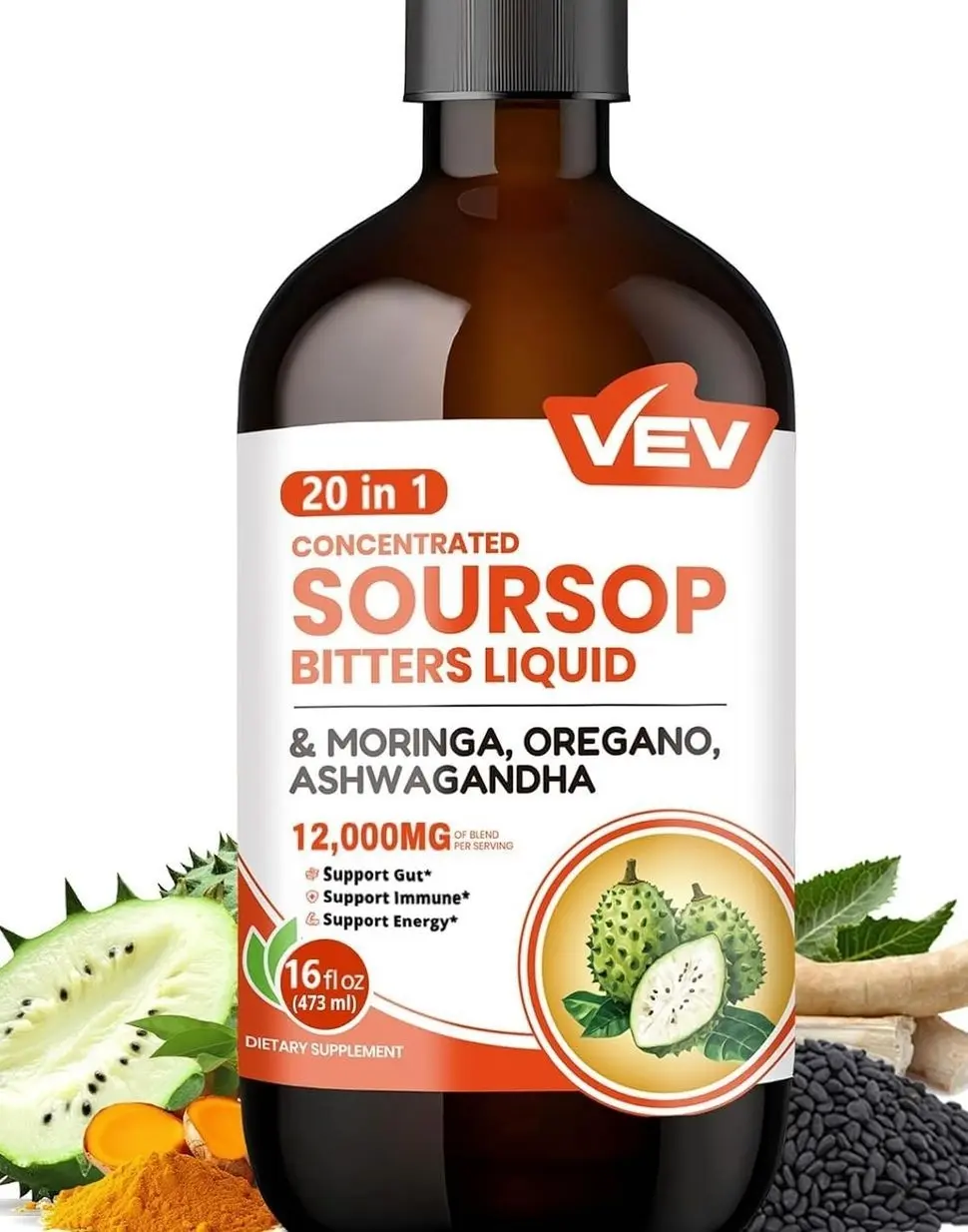 VEV Soursop Bitters Liquid, Graviola Extract Sugar-Free Formula, 20 IN 1, with Black Seed, Moringa & Oregano, Digestive Health & Immune Function, Stress Relief, Sleep Support, Vegan -16 oz