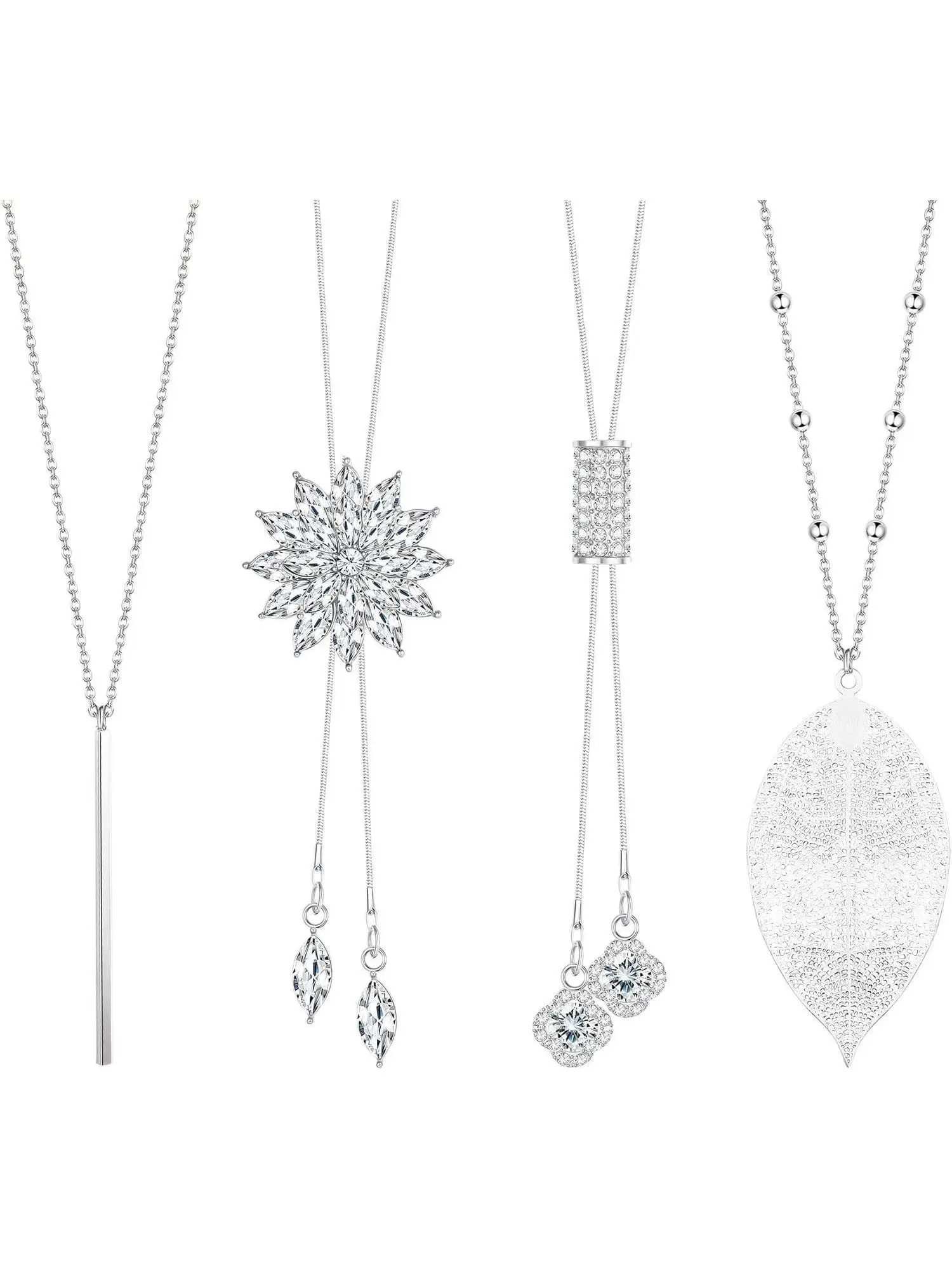 4 Pcs Silvery Diverse Long Alloy Sweater Necklaces for Women Men Good Gifts Decorative Necklace Shining Rhinestone Faux Pearl Crystal Flower Tassel Pendant Long Chain Silver Necklaces Jewelry Set