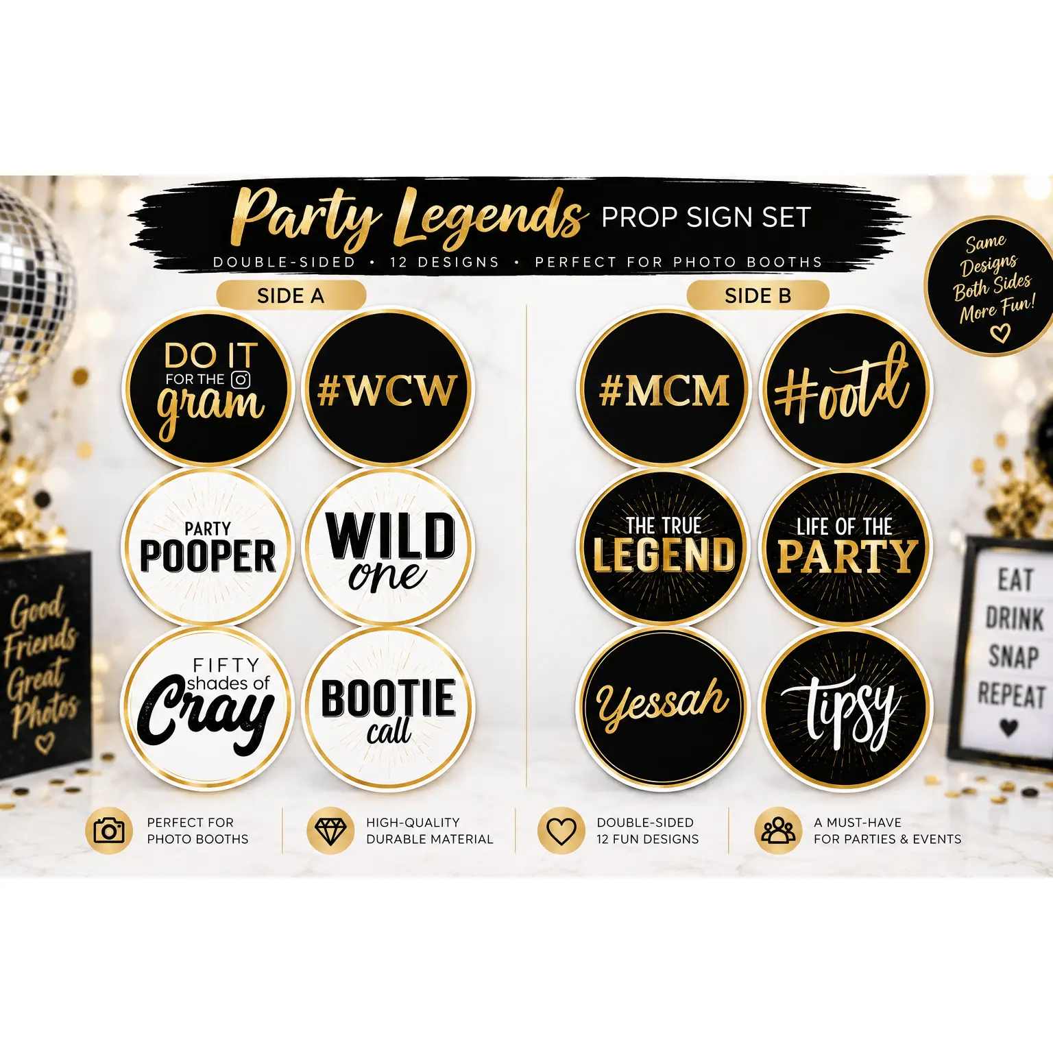 Party Legends – Premium Double-Sided Photo Booth Prop Set | 6 Signs, 12 Designs