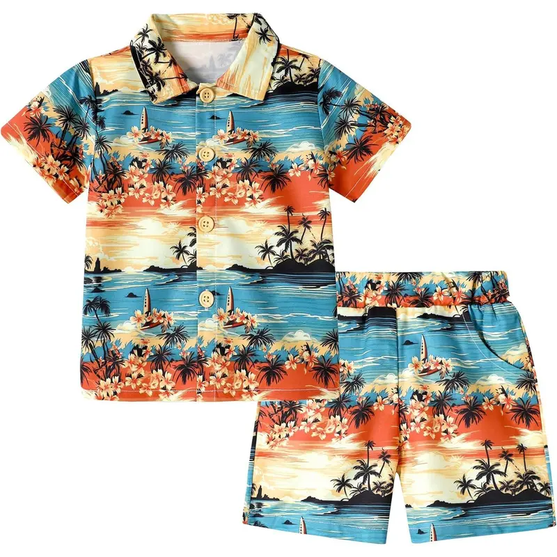 Toddler Baby Boy Clothes Hawaiian Outfit Shorts Sets Printed Button Down Shirt and Shorts Summer Beach Clothes 1-5T,kids  sleep  set