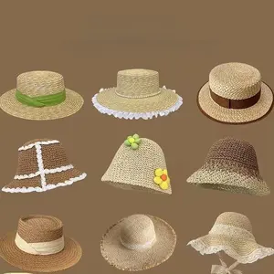 Women Summer Raffia Straw Hat Flat Top Breathable Sun Protection Hat Handmade Woven Beach Fisherman Hat Ideal for Outdoor Vacation Beach Shooting