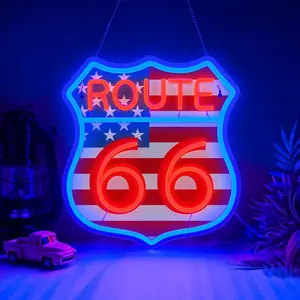 Route 66 American Theme Neon Sign Wall Decor - ABS Plastic LED Nightlight with Adjustable Brightness, Children-Safe Highway Light for Man Cave, Birthday & Anniversary Gifts (Animals, Sports Accents)