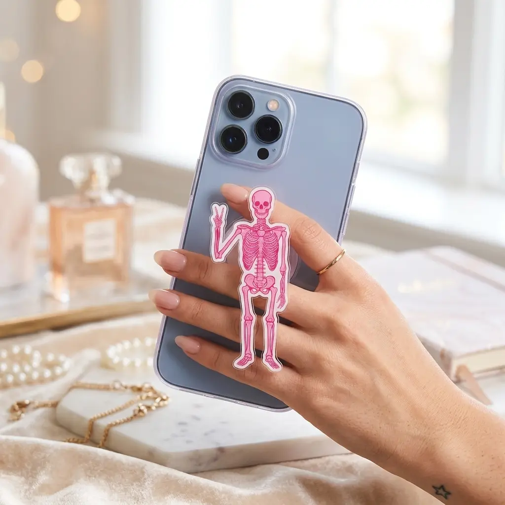 Preppy Pink Skeleton Phone Grip, Cute Halloween Mobile Stand, Spooky Season Phone Holder, Aesthetic Pastel Pink Case Accessories Gift For Her