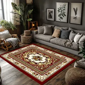 Vintage European Floral Crystal Velvet Area Rug - Burgundy Gold Ornate Traditional Print Soft Mat for Living Room, Non‑Slip Luxury Home Decor#VintageFloralRug #EuropeanStyleMat #LuxuryHomeDecor #BurgundyGoldCarpet #NonSlipCrystalVelvetRug