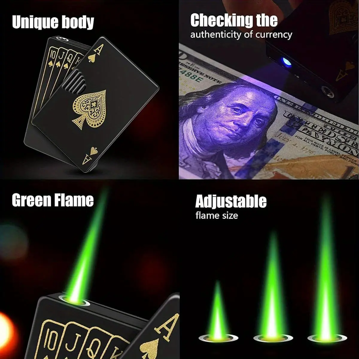 Black Windproof Jet Torch Lighter - Ace Card Design, Green-Red Flame, Refillable Butane, Outdoor Camping Use, Gift Option (Butane Not Included)