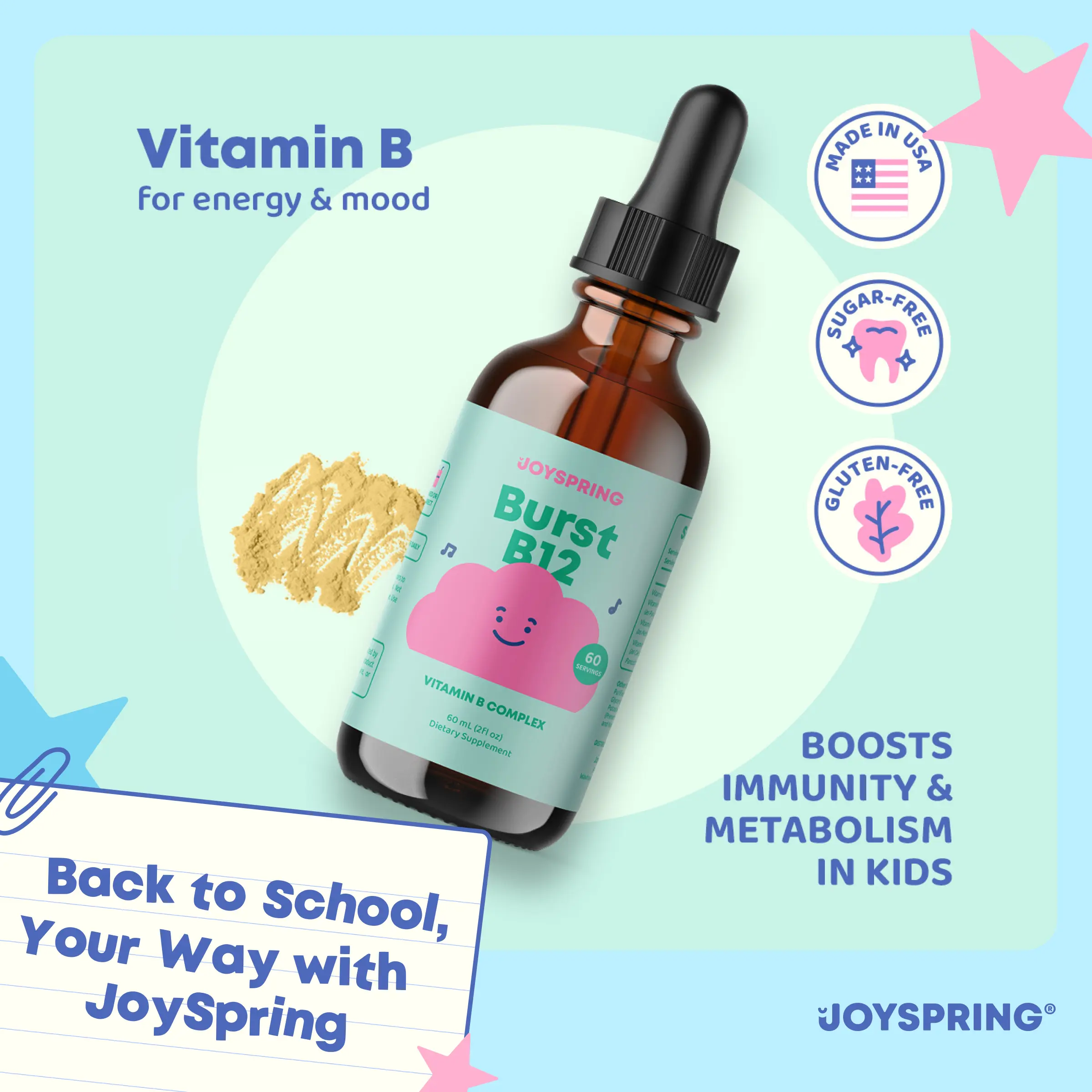 JoySpring Burst B12 Drops – Vitamin B Complex (2 fl oz) | B2, B6, B5 + Methylcobalamin B12 | Daily Nutritional Support Supplement