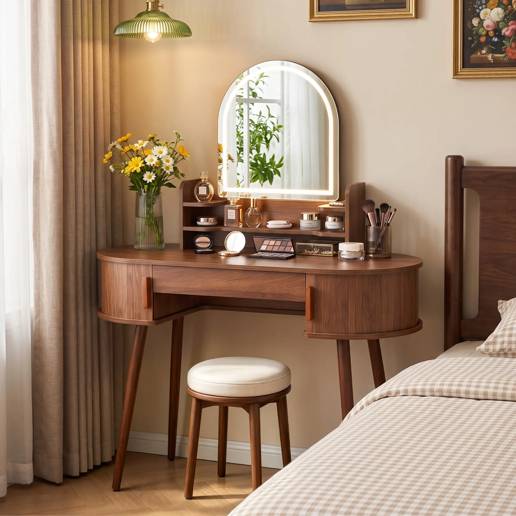 Giratree 43.3" Makeup Vanity Desk with 3-Color LED Arched Mirror, Hidden Drawer, Sliding Tambour Door Storage, Open Shelves, Walnut Finish, Mid-Century Modern Dressing Table for Bedroom