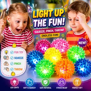 Set of 6 Colorful LED Bouncing Balls That Light Up, Squeak, And Have a Spiky Texture, Perfect As Sensory Toys Or Carnival Prizes for Parties, Suitable for Kids, Teens, And Adults