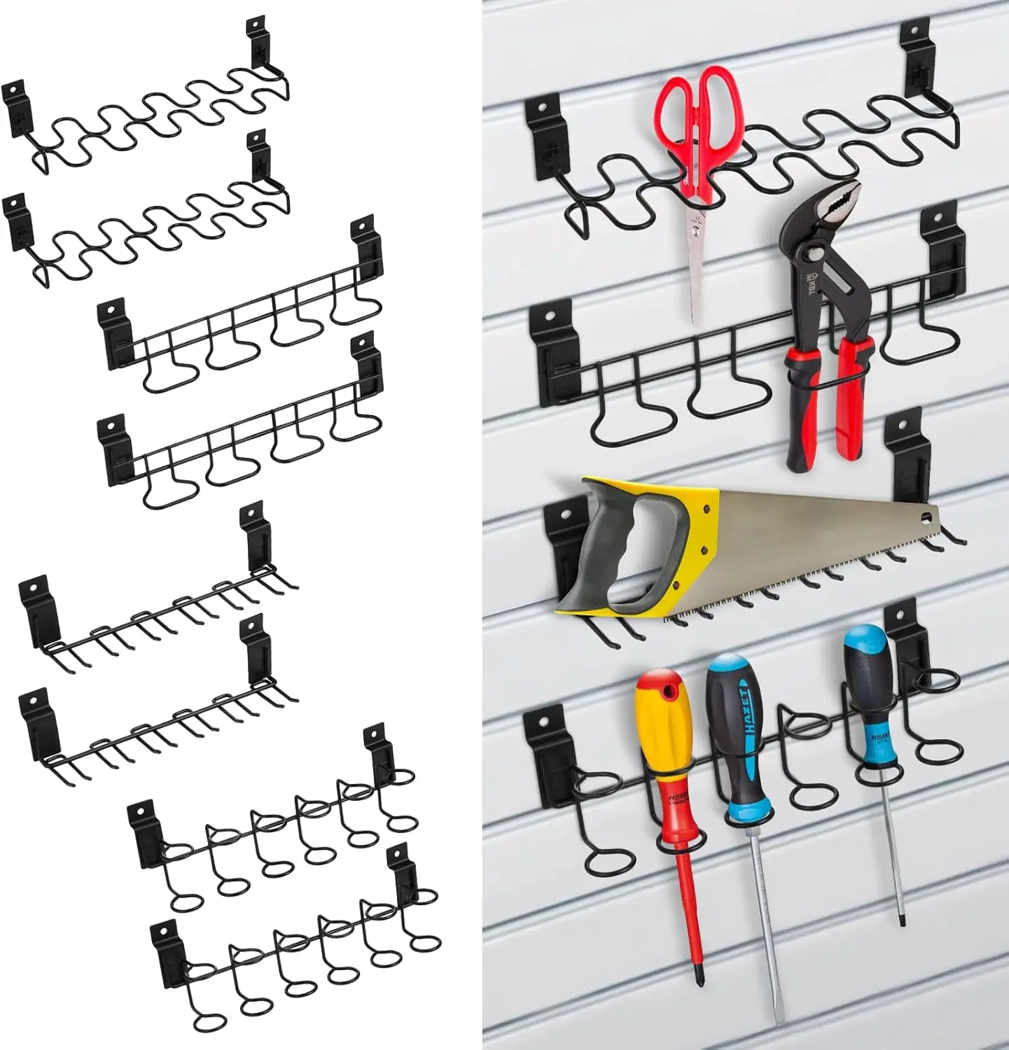 8 count Slatwall  Holder Tool Hangers Stainless Steel Slat Wall Hooks Accessories Shelving Display Four Tool Organizer Racks Holder for Craft Room, Workbench, Garage Shop, 4 Style