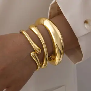 Gold Color Minimalist Chunky Bracelets For Women Fashion Elegant WaterProof Design Open Cuff Bangles Set Retro Jewelry Gifts