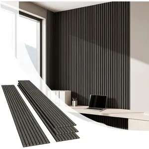 Olanglab Wood Slat Wall Panels 4 Pack, Wooden Acoustic Wall Panels, 94.5"x12.6" Each 3D Wall Panels for Interior Wall Decor (Black-Extendo Trio)