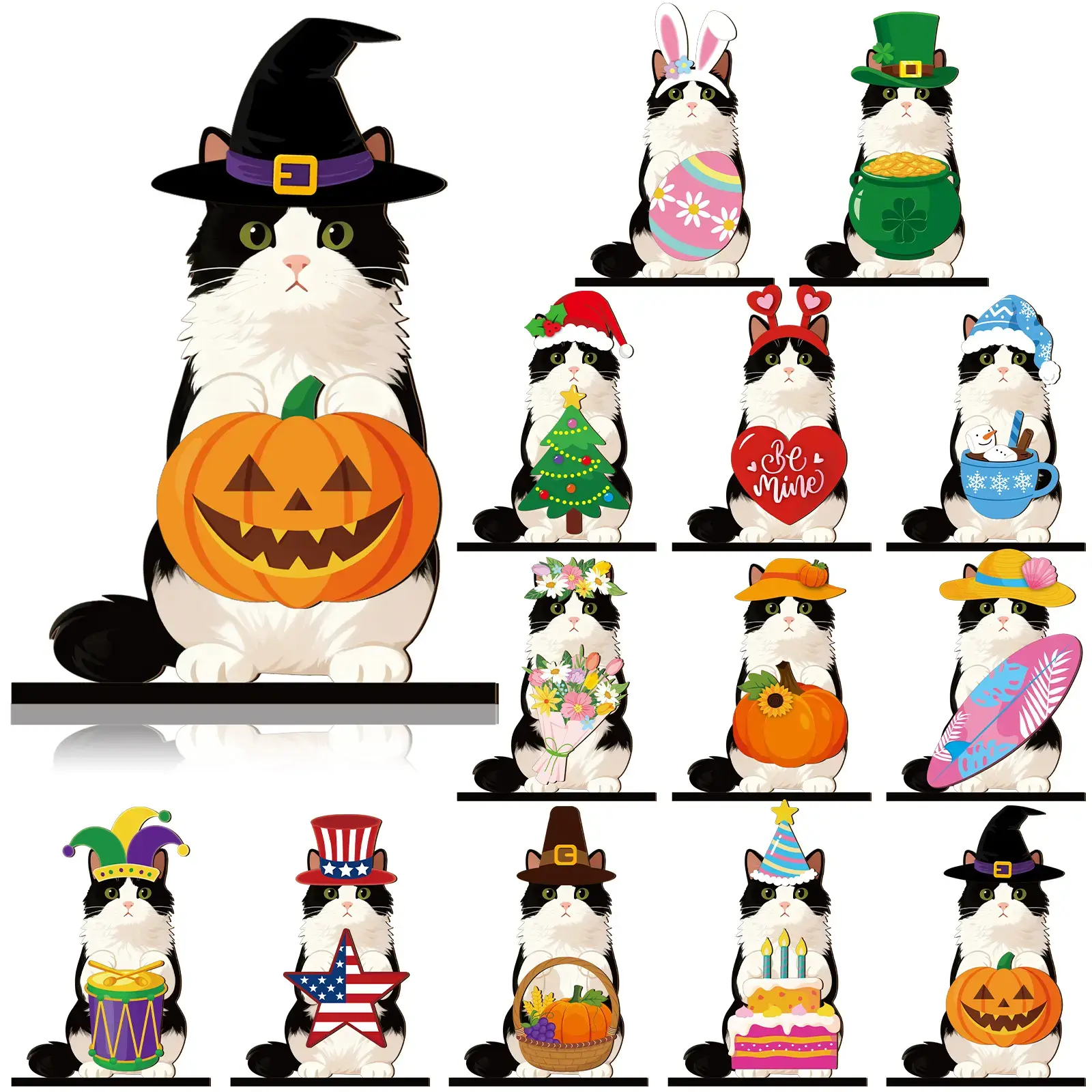 Cat Sign Gift Halloween Decor Cat Ornaments Wooden Sign Cat Desk Decor Interchangeable Pet Decor with Magnet Detachable Hats for Summer Halloween Autumn Holiday Seasonal Birthday Party, Gift for Pet Owning Families and Cat Lovers