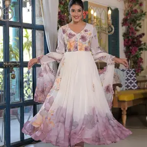 Women's Purple Floral Indian Party Wedding Casual Suit for Summer - Elegant Anarkali Gown with Floral Print