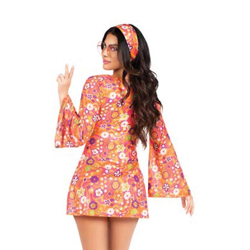 Six Pieces Hippie Chick Costume Set, Bell sleeve empire dress