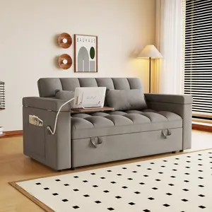 3-in-1 Foldable Sofa Bed (65x35 in) - Foldable Bed with Table Board, Upholstered, Storage Armrests, Adjustable Back, Pillow, Velvet Cloth, Easy Setup Modern Double Sofa for Living Room